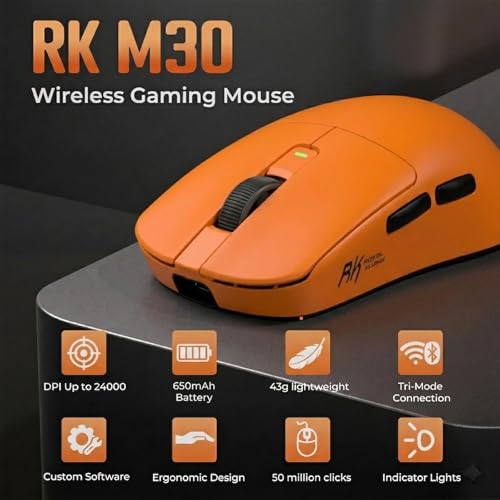 Image of RK ROYAL KLUDGE RK M30 Wireless Gaming Mouse, 43g Ultra-Lightweight Computer Mouse with 2.4GHz /Bluetooth /USB-C, 24000 DPI, Rechargeable PC Game Mice with 5 Programmable Buttons for Win /Mac, Orange