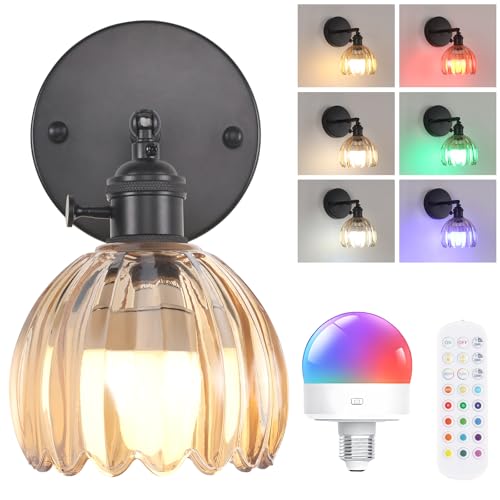Shenmoyl Vintage Battery Operated Wall Sconce with Cute Amber Tulip Glass Lampshade Wireless Rechargeable Battery Powered Black Wall Light with Remote Control for Bedside Bedroom Doorway