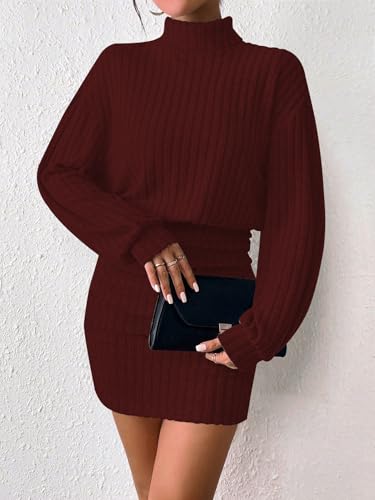 Women's Pullover Sweater Dress Long Lantern Sleeve Turtle Neck Cute Ribbed Knit Bodycon Mini Short Dress 2024 Fall2
