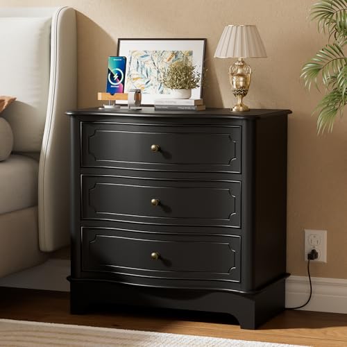 Image of 3 Drawers Dresser for Bedroom with Charging Station, 28 inch Wide Small Chests of Drawers, Farmhouse Wood Nightstand Bedside Cabinet End Table for Bedroom, Living Room, Closet, Black