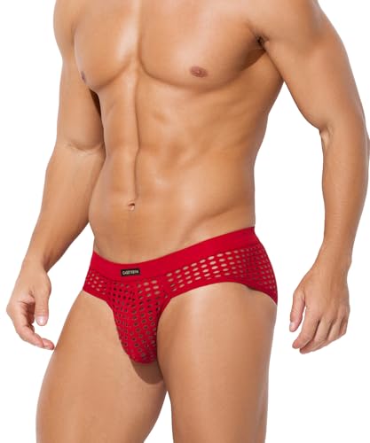 Mauro Kane Slip Homme Sexy, Caleçon en Maille Transparente Respirante, Lingerie Masculine Rouge L