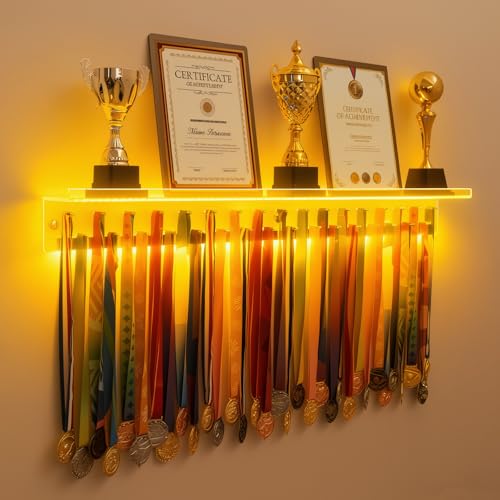 Omhuzsyo 3.7ft- Light up Acrylic Medal Hanger Display Rack and Trophy Shelf,Wall Mount Medal Holder,for Gymnastics,Running,Basketball, Football, and More.Race Medal Display-Large Size 45.2” (Clear) by Omhuzsyo - Image 9