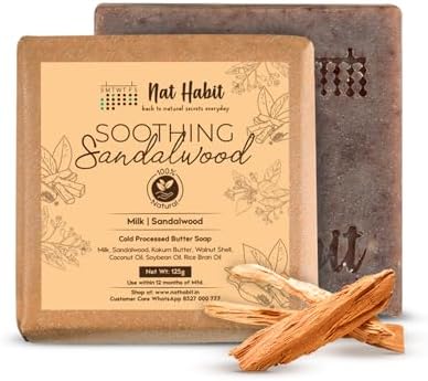 Nat Habit Sandalwood De-Tan |Body Tan Removal Soap for Women & Men | Cold Processed Sandal Soap for Tanning, Skin Brightening & Scar Reduction | Handmade & Anti Tan with Rakt Chandan | 125g