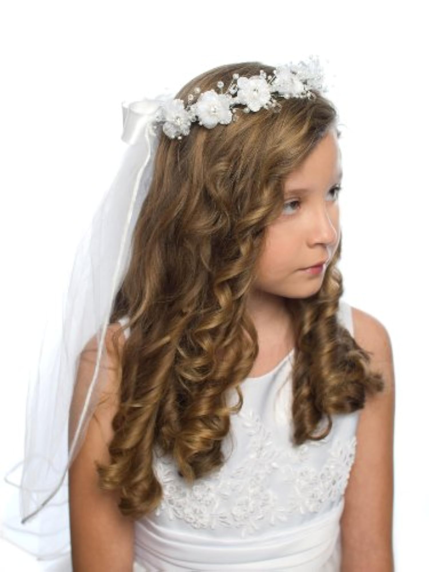 Girls First Communion White Floral Wreath Veil