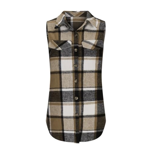 Womens Flannel Plaid Vest Tops Trendy Long Sleeveless Button Down Shirts Jackets Casual Fall Checkered Shacket Coat3