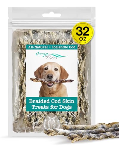 Ocean Tides Braided Icelandic Atlantic Cod Skins for Dogs and Cats, Fish Skin Dog Treats, Cod Sticks for Dogs, Dried Lean Crunch Sticks for Dog - 32 oz