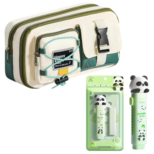 Image of Large Capacity Cute Aesthetic Pencil Case with Multi ompartments, Multi-Pocket Pastel Pen Pouch Organizer with Zipper, Kawaii School Supplies Bag for Girls (Green Happy Every Day+Panda Erase)