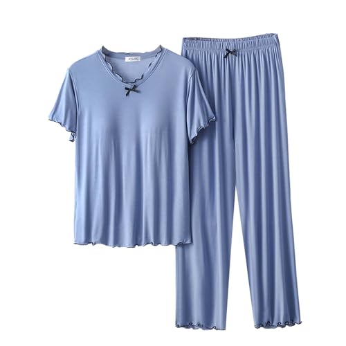 Short Sleeve Cotton Long Leg Pyjamas For Women - Modal Pyjamas Womens Cuffed Set - 2 Pack Pyjamas Set V Neck T Shirt With Bra Support Lightweight Matching Set Lounge Set Sleepwear Summer Nightie Blue