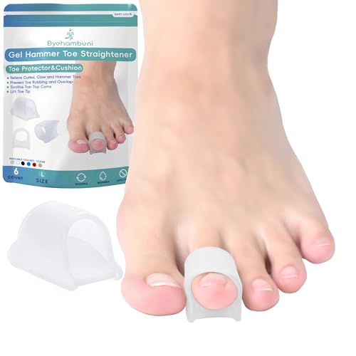 Byehambuni Hammer Toe Straightener, 6 Pack Hammer Toe Corrector for Women, Gel Toe Splints, for Curled, Crooked, Bent, Claw, Hammertoes, for Women and Men, Large Sizes (Clear)