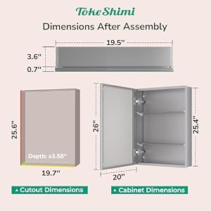 TokeShimi 20×26 Medicine Cabinet Mirror with Storage Tempered Aluminum Surface Mount or Recessed Medicine Cabinet Silver with Adjustable Shelves for Bathroom Vanity Modern Farmhouse