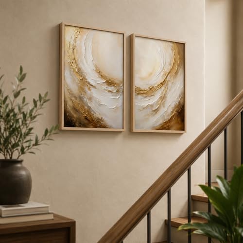 Image of Livin'luxe Set of 2 Golden Abstract Swirl Wall Photo with Frame for Living Room Bedroom Hall Office Decor, Premium Wooden Synthetic Frame Luxury Artwork Gift