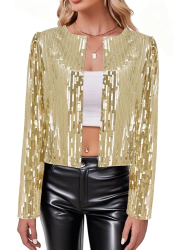 TYNORA Women’s Sequin Jackets Long Sleeve Open Front Coat Glitter Short Blazer Casual Coat Party Club Gold S