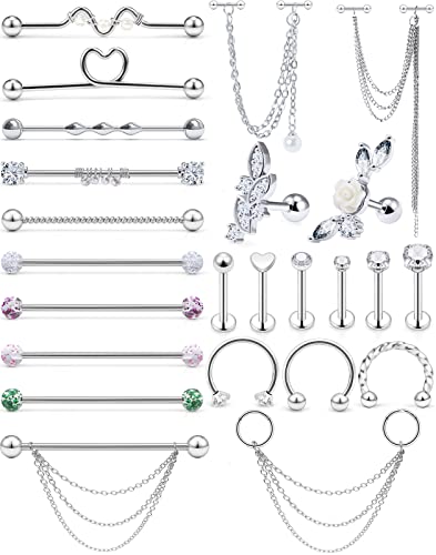 Ocptiy 14G 16G Industrial Piercing Jewelry with Chain Surgical Steel Cartilage Tragus Helix Earring Body Piercing Jewelry for Women Men Bar 15PCS-25PCS