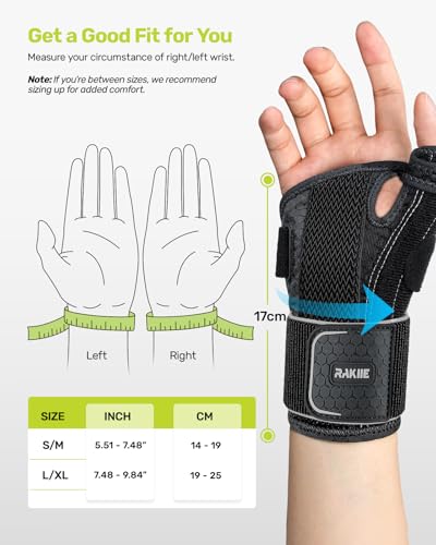 Rakiie Handgelenk- und Daumenbandage, Karpaltunnel-Handgelenkbandage für die Linke Hand, Daumenschiene mit 3 Metallschienen, Atmungsaktive Handbandage für Männer und Frauen, Grau S/M