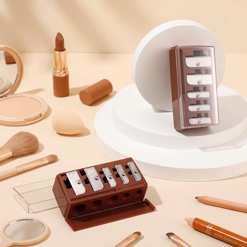 Image of Honoson 2 Pcs 5 Hole Cosmetic Long Point Manual Pencil Sharpener with Plastic Lid Makeup Eyeliner Pencil Sharpener (Brown)