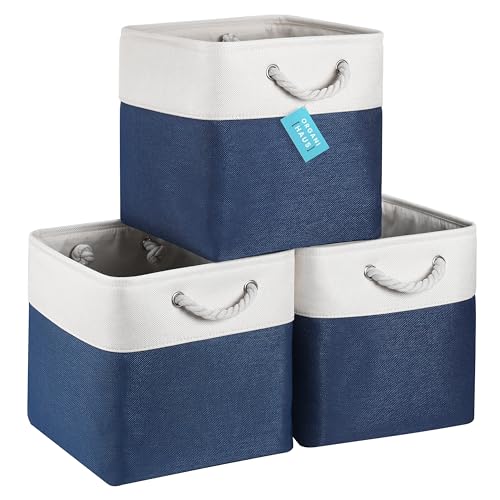 OrganiHaus 30x30 Cube Storage Bins Set of 3 | Fabric Cube Baskets for Storage Shelves | Foldable Storage Cubes for Kallax Organizer Cube Bins w Rope Handles | Cubby Bins for Nursery Decor - Navy Blue