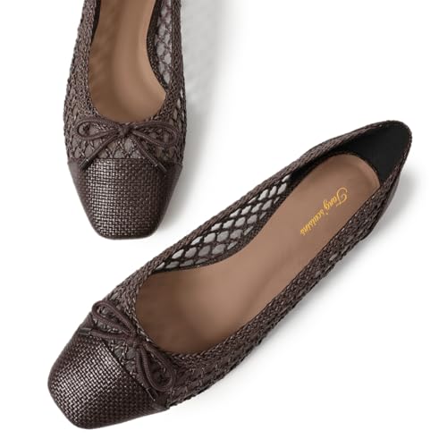 Tang'scuisins Women Cute BowMesh Slip on Ballet Flats Closed Square Toe Pumps Braid Casual Outdoor Daily Event Shoes Size 4-16 US4