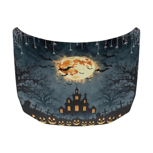 Image of Car Hood Cover Protector Halloween Haunted House Print Waterproof Car Hood Wrap Blanket Auto Flag Automotive Halloween Exterior Accessories for Sedans SUVs Pickups Trucks Jeeps