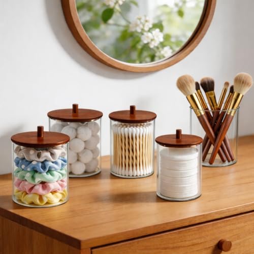 15oz-10oz-Glass-Qtip-Holder-with-Acacia-Wood-Lids-2-Pack-Apothecary-Jars-Small-Glass-Dispenser-Jars-with-Labels-for-Cotton-Swabs-Cotton-Balls-Pads-Floss-Picks-Toothpicks-Vanity-Organization