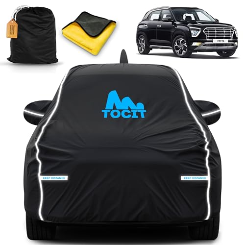 Image of New Creta Waterproof Long Life Car Cover with Safety Glow Reflective Strap, Premium Stretchable Velvet Velour Fabric, Machine Washable,Tri-Stitch Custom Fit with Mirror & Antenna Pocket