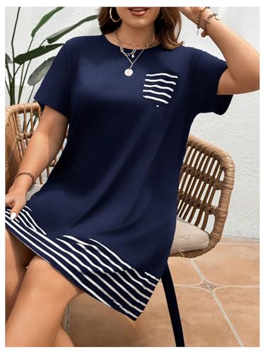 Image of Verdusa Women's Plus Size Summer Casual T Shirt Dress Color Block Striped Short Sleeve Mini Dress Dark Blue 3XL