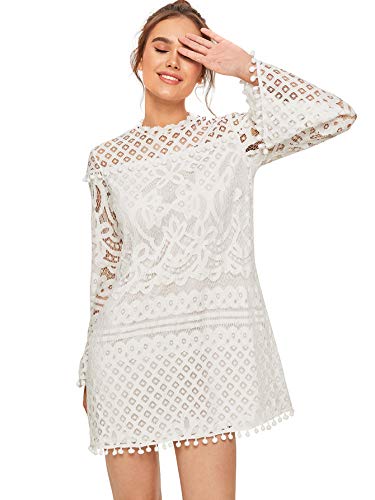 SheIn Women's Crochet Pom-pom Sheer Lace Bell Sleeve Dress X-Large White - Image 4
