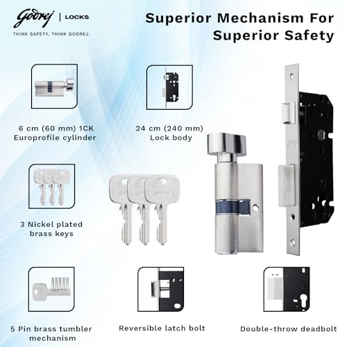 Image of Godrej Mortise Lock | Handle Lock Set for Main & Internal Doors | NEH 06 Home Decor Handle | Satin Steel Finish | 9 Inch Lockbody | 60mm 1CK Cylinder Knob from Inside Key Outside | 3 Keys