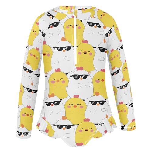 Wearing Sunglasses Chicken Pattern Girls Long Sleeve Swimsuit Rash Guard One Piece Bathing Suits Zipper 3-12T2