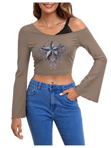 トップス hooked vintage tops SOLY HUX Women's Y2k Graphic Tees Lace Trim Cold Shoulder Long