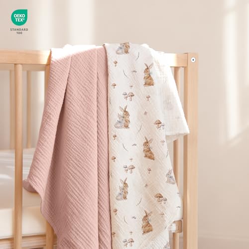 Image of lulumoon Muslin Swaddle Blankets for Baby: Cotton & Soft Receiving Blanket for Newborn with Branche Printed- Neutral Gift for Baby Shower 2pack(Bunny)