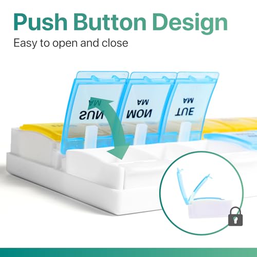 Image of Sukuos AM PM Weekly Pill Organizer 7 Day, 2 Times A Day Medicine Pill Box with Easy Push Button, BPA Free Vitamin Cases for Fish Oil /Supplements, Easy to Clean (Yellow&Blue)