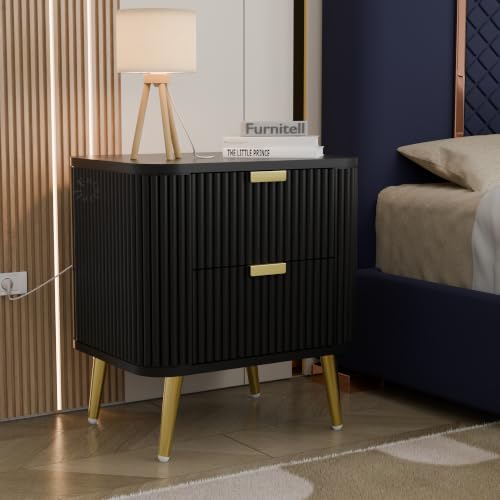 Image of Premium HDMR Wood Bedside Table with 1 Drawer & Open Storage Shelf, Fluted Nightstand with Golden Legs for Bedroom, Modern End Table, for Living Room | Black Finish, Set of 2