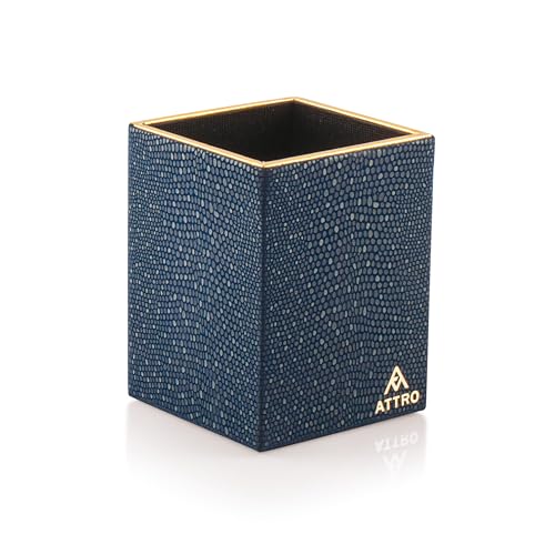 Image of Attro Pen Stand Wooden Designer Square Pen Holder Multipurpose Wooden Desk Organizer Perfect for Study Table, Office Desk- Blue