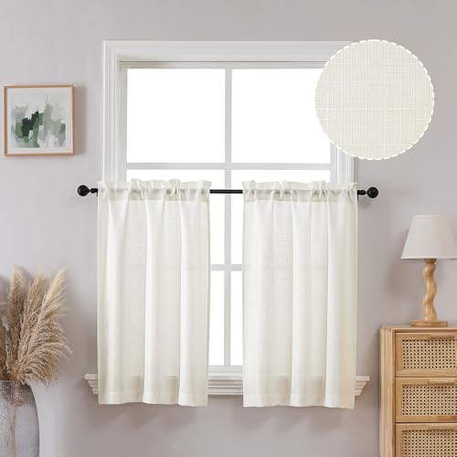 OVZME Faux Linen Beige Curtains Tiers 2 Panels, Light Filtering Soft Airy Farmhouse Slub Window Curtain Panels, 36 Inch Length Drapes for Living Room Bedroom Dining Room Home Decor, 30x36 Inch
