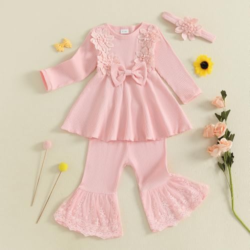 Baby Girl Fall Outfits Toddler Girl Clothes Flower Dress Lace Dresses Bow Sweatshirt Flared Pants Clothing Set3