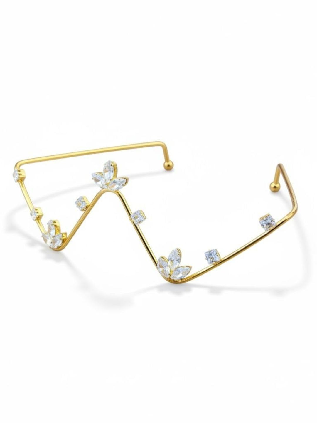 I Jewels Fashion Gold Plated American Diamond Facelet Rimless Lensless Glasses Eyewear with Zigzag Floral Design Statement Party Accessory for Women & Girls (F006)-image-32