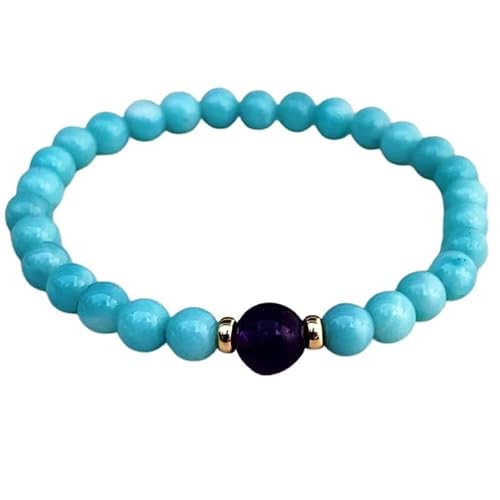 WORLD WIDE GEMS Naturalna bransoletka amazonitowa z ametystem 8-10 mm gładkie koraliki okrągły kształt wielokolorowy 7 cali elastyczna bransoletka unisex prezent i powodzenia |W_STBC_00271, 6.5 Inch