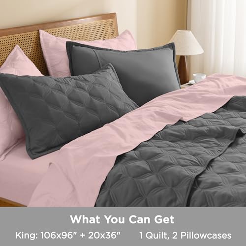 Image of Litanika King Size Quilt Set Grey, Lightweight Comforter Gray - 3 Pieces Bedspreads & Coverlets Bedding Cover All Season Use Bed Decor (1 Quilt, 2 Pillowcases)
