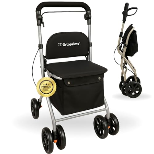 OrtoPrime Andador para idosos dobrável com carrinho de compras - Rollator 4 rodas carrinho de compras dobrável caminhadores para idosos - calçados adultos assento com cesta e rodas 360º