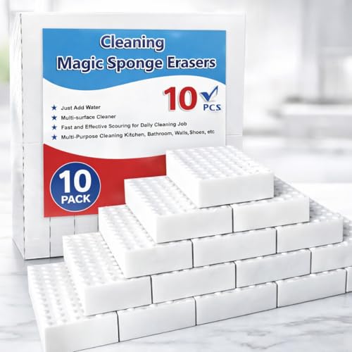 Image of Magic Eraser Sponge Pack of 10 | Multipurpose Melamine Cleaning Sponge | Removes Tough Stains with Water Only | Kitchen, Bathroom, Walls, Shoes Cleaner | Chemical-Free Foam Cleaner
