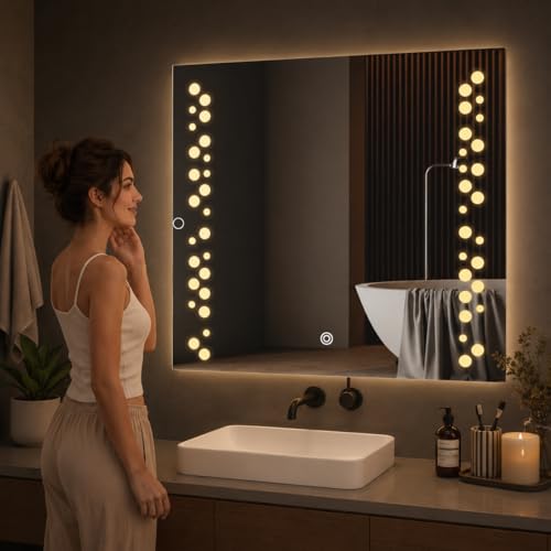 Image of LED Smart Bathroom Mirror with Touch Sensor | 3-in-1 Light Modes - Warm White | Cool White & Natural Light | Office and Home Use (Square, 18x18)