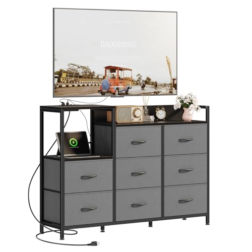Image of DUMOS TV Stand Dresser with 8 Fabric Drawers & Open Shelves, TV Stand with Wooden Top, Entertainment Center with Charging Station for Living Room, Hallway, Grey