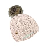 Timberland Cable Knit Beanie with Faux Fur Pom Bonnet, Rose, Taille Unique Femme