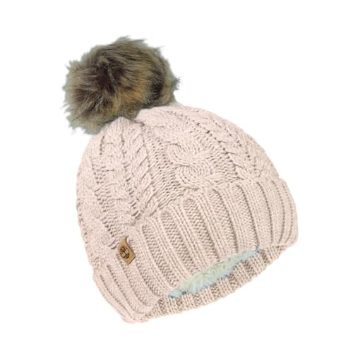 Timberland Women’s Cable Knit Faux Fur Pom Beanie - Soft Winter Hat, Ribbed Cuff, Warm Lining, Stylish Cozy Cold Weather Wear, Rose, One Size