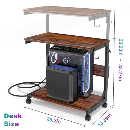 Height Adjustable Computer Tower Stand with Charge Station and USB Charging Port, 2-Tier ATX-Case Cart, Under Desk Mobile PC Stand, CPU Holder Cart with Locking Caster Wheels for Fits Most PC