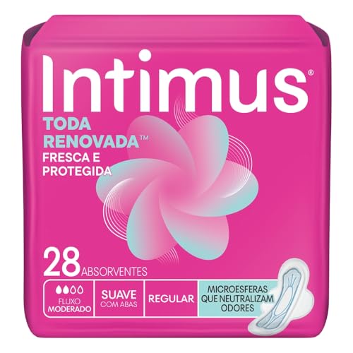 Embalagem rosa de absorvente Intimus Antibac com 28 unidades, destacando o design com abas e a tecnologia de microesferas para neutralizar odores.