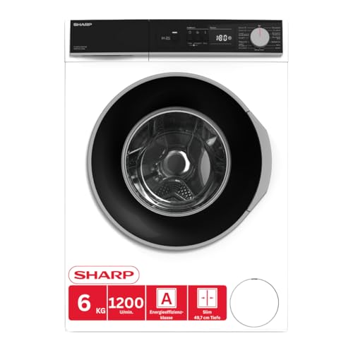 Sharp ES-NFA612BW1NA-DE Waschmaschine Frontlader, 6 kg, 1200 U/min, Energieklasse A, AllergySmart, EcoLogic, AquaStop, Inverter-Motor, WaveCabinet, Weiß