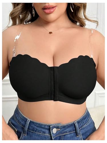 Image of OYOANGLE Women's Plus Size Front Closure Push Up Strapless Bandeau Bra Wireless Tube Bralettes with Clear Strap