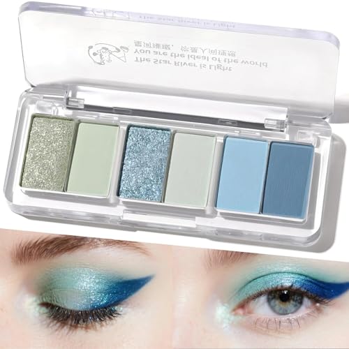 Blue Eyeshadow Palette 6 Colours – Highly Pigmented Green, Light & Navy Blue Shades with Glitter. Perfect for Women, Long-Lasting & Vibrant Pigmentation for Stunning Eye Looks