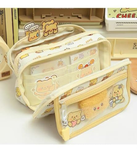 Image of Butter Bear Pencil Case with 9 Layers - ITA Flip-Top Large Capacity Multi-Function Organizer Includes Bonus Items (Beige)